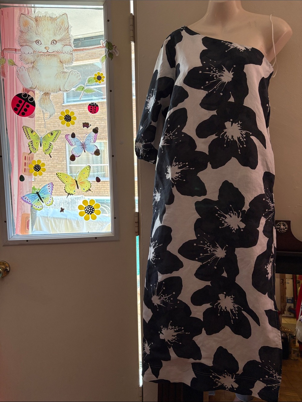 Something Navy Black and White Floral One-Shoulder Maxi Dress